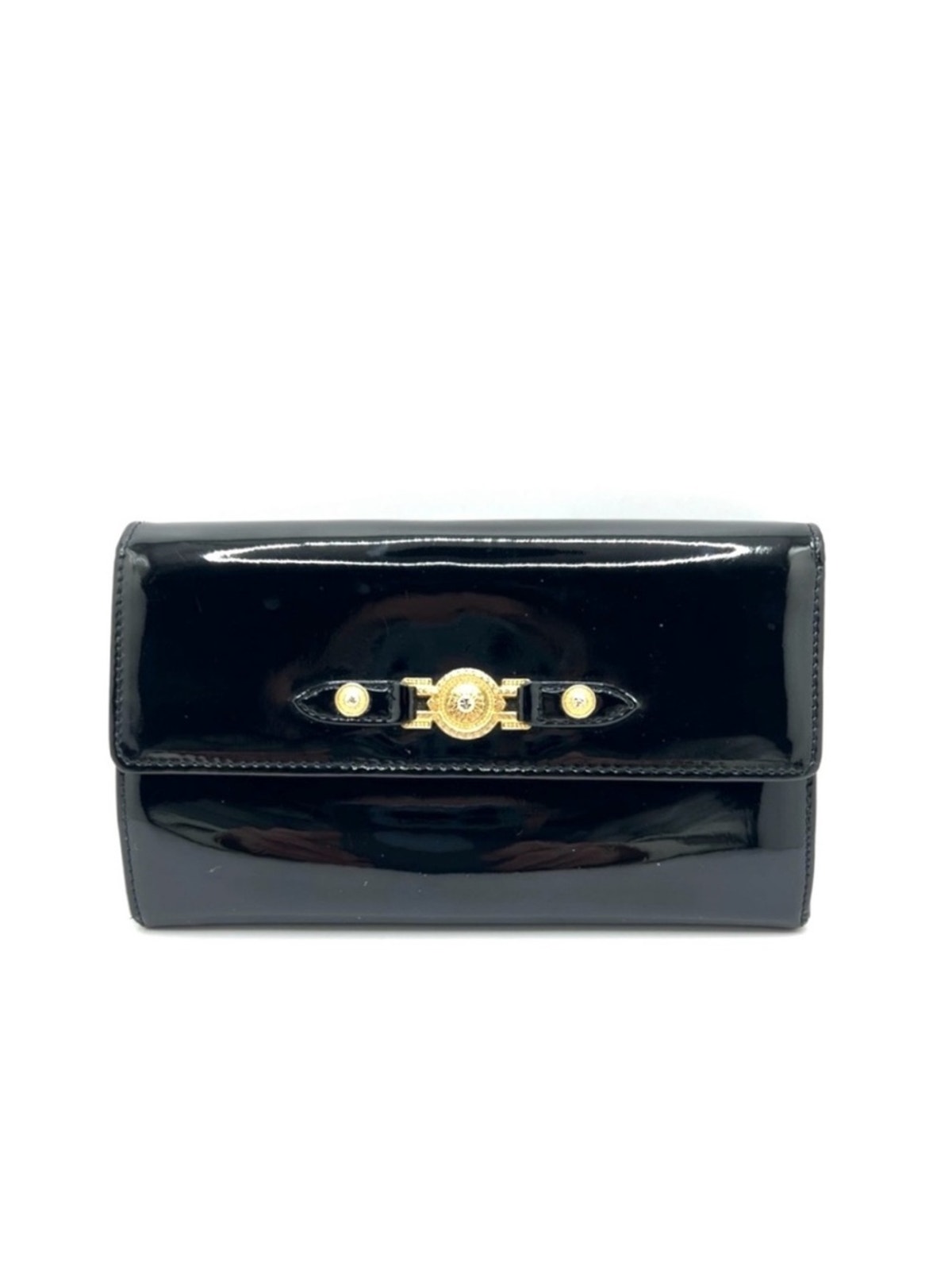 Authentic Vintage Versace Sunburst Black Patent Leather Long Bifold Wallet